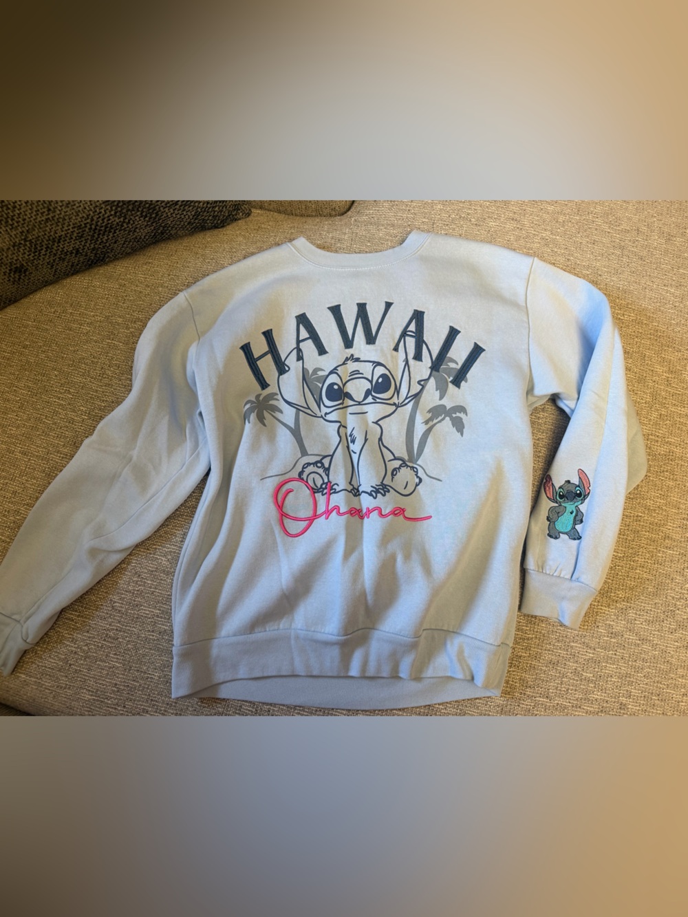 Disney Stitch Hawaii Ohana Crewneck Sweatshirt - Light Blue with Pink Script